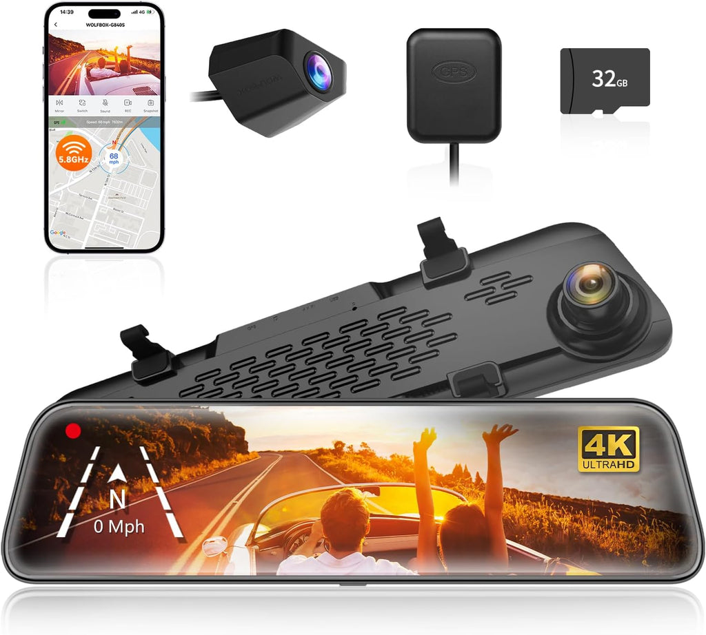 G840S 12" 4K Mirror Dash Cam Backup Camera, 5.8Ghz Wifi Smart Rearview Mirror for Cars & Trucks, Front and Rear View Dual Cameras, Night Vision, Parking Assistance, Included 32GB Card & GPS