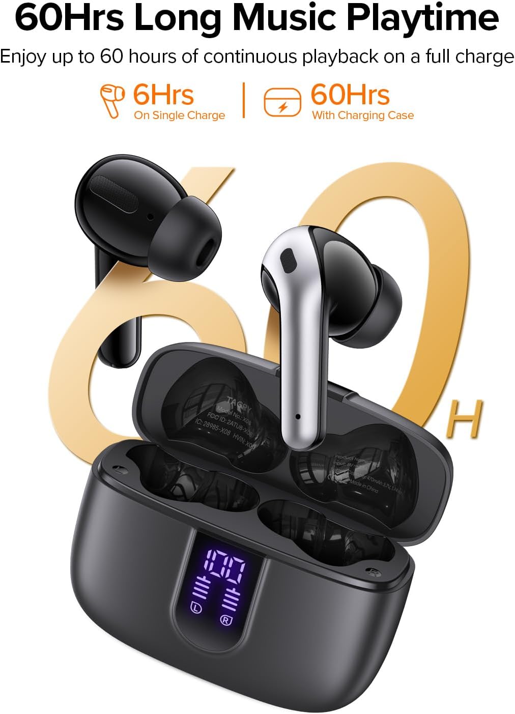 Experience Superior Sound with Bluetooth True Wireless Earbuds - 60 Hours Playback, Waterproof Design, and Wireless Charging Case for Ultimate Convenience
