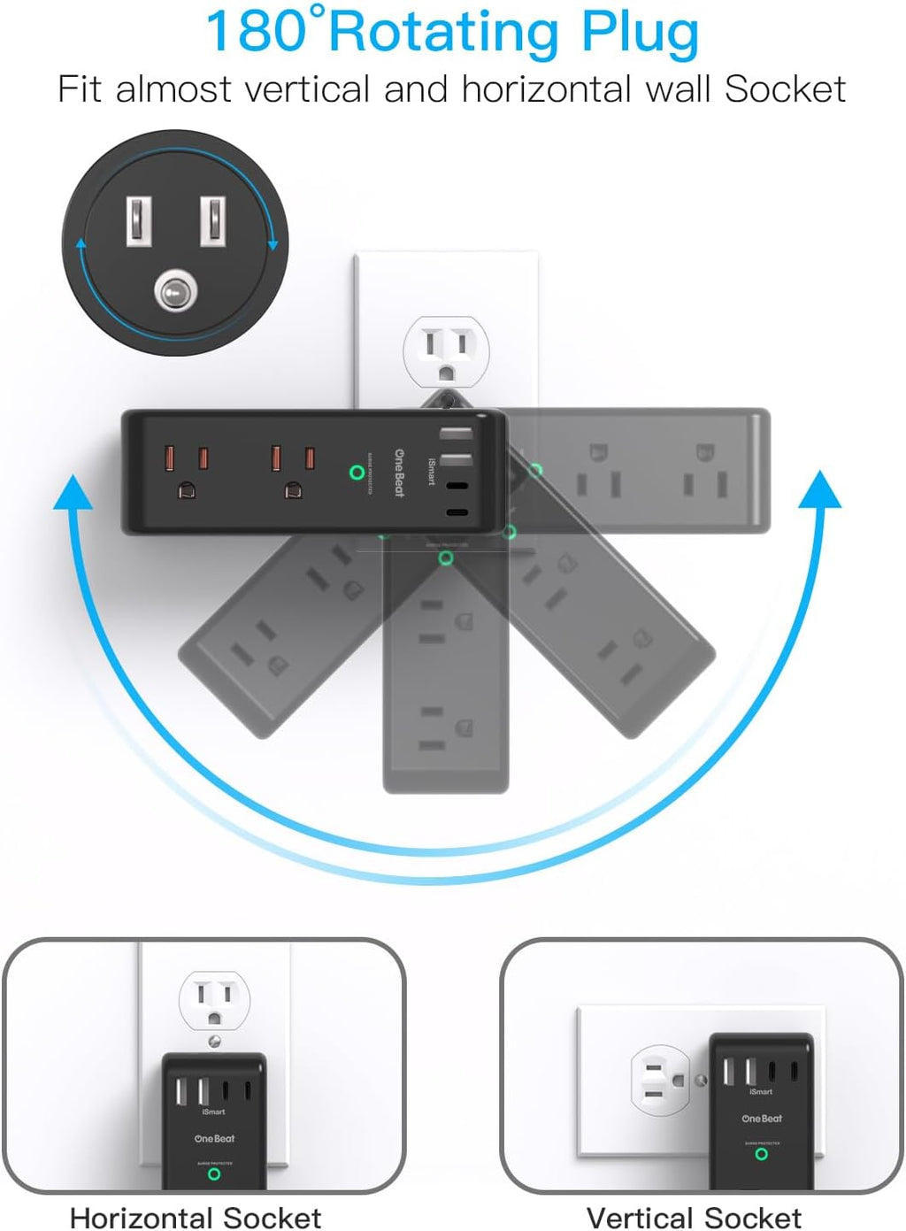 Surge Protector Outlet Extender with Rotating Plug, 6 AC Multi Plug Outlet with 4 USB Ports (2 USB C), 1800 Joules, 3-Sided Swivel Power Adapter with Spaced Outlet Splitter for Dorm, Office, Black