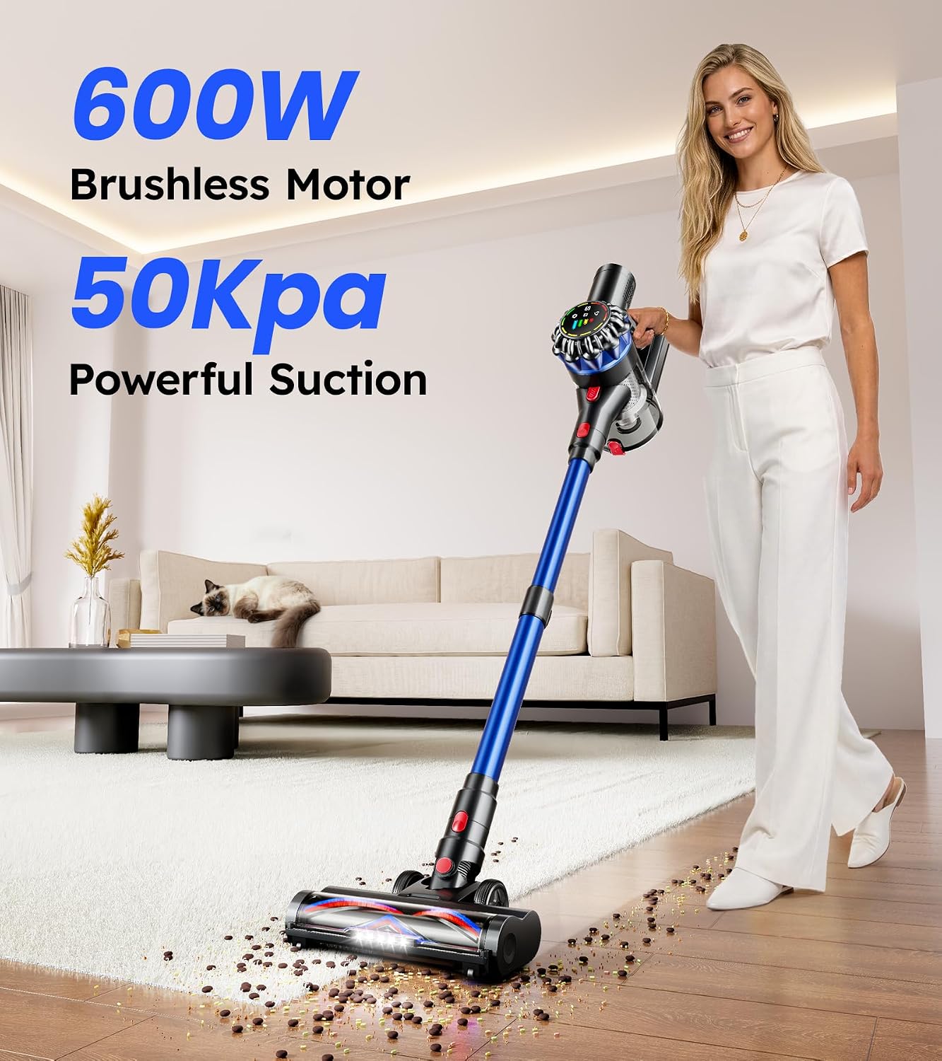 Revolutionary Cordless Vacuum Cleaner - 600W Power, 50KPa Suction, 65 Minutes of Uninterrupted Cleaning with Smart Touch Screen and Anti-Tangle Technology for Homes, Pets, and All Floor Types