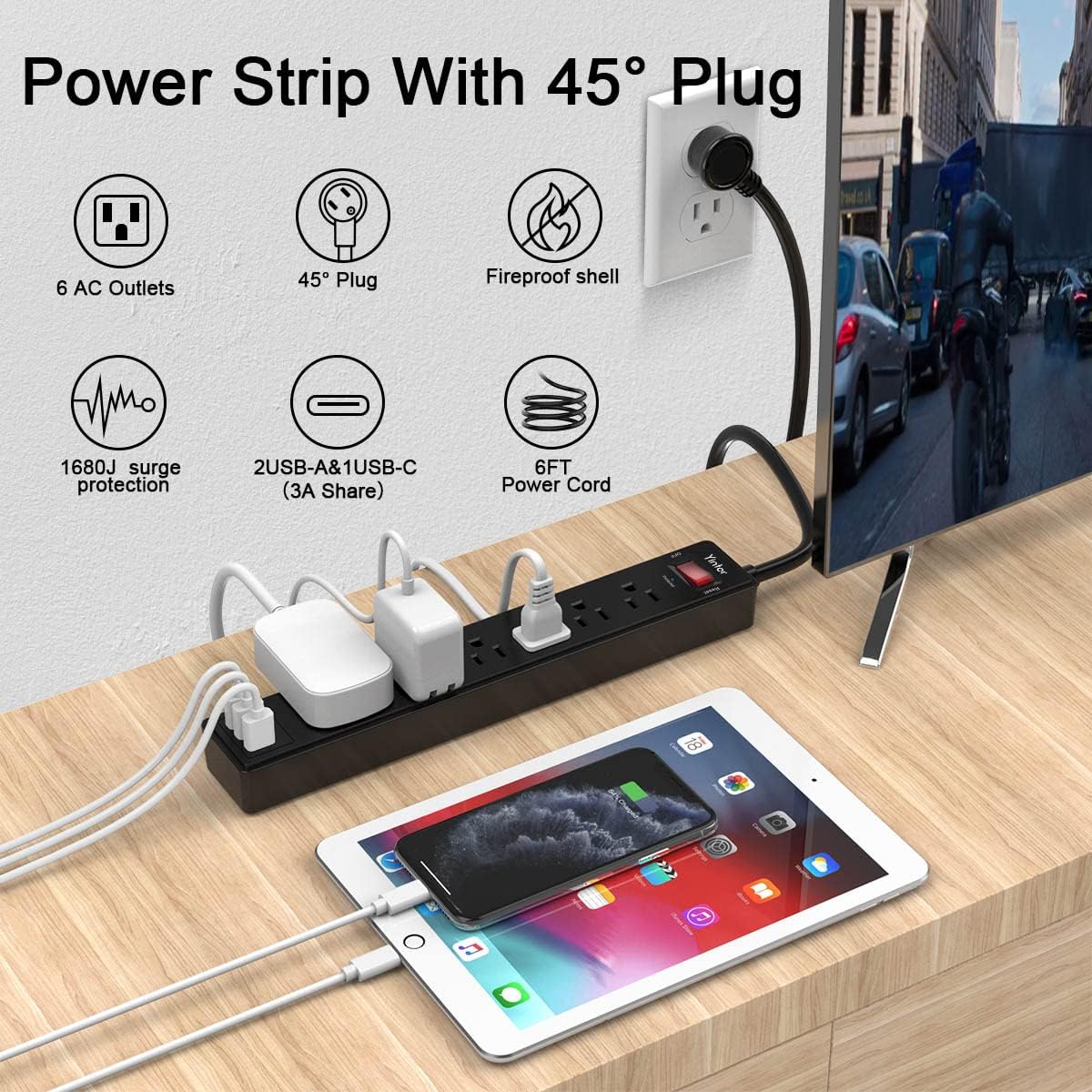 Ultimate 6Ft Power Strip Surge Protector with 6 AC Outlets and 3 Fast Charging USB Ports - Perfect for Home, Office & Dorm Essentials - 1680 Joules of Protection, ETL Listed (Black)