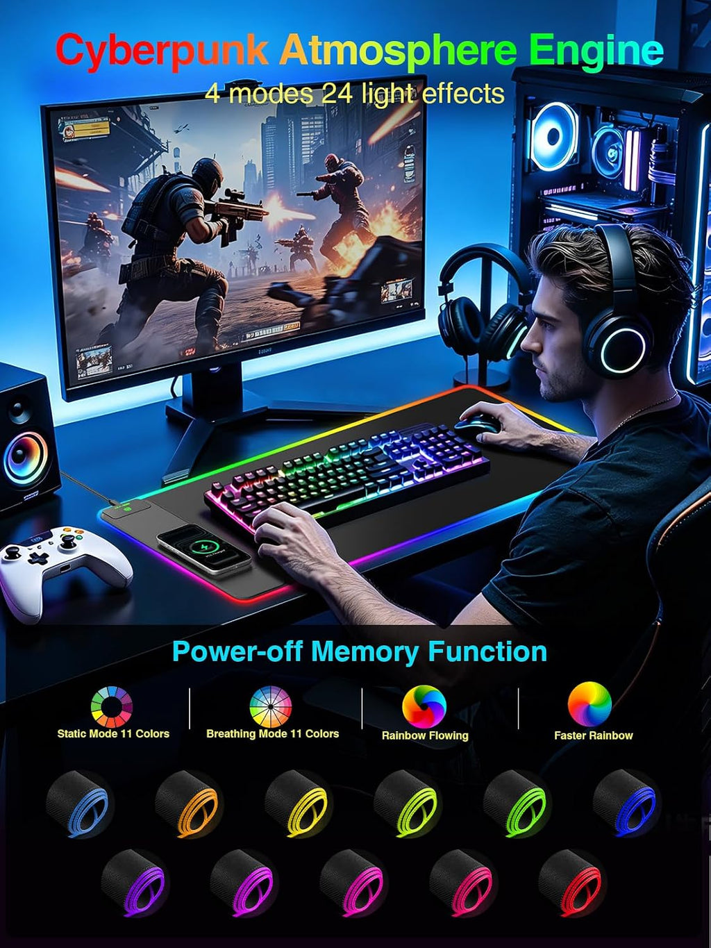 Elevate Your Gaming and Work Experience with the RGB Wireless Charging Mouse Pad – 31.5" x 15.8" Extra-Large Desk Mat, Waterproof, Non-Slip Base, and Smooth Glide Surface