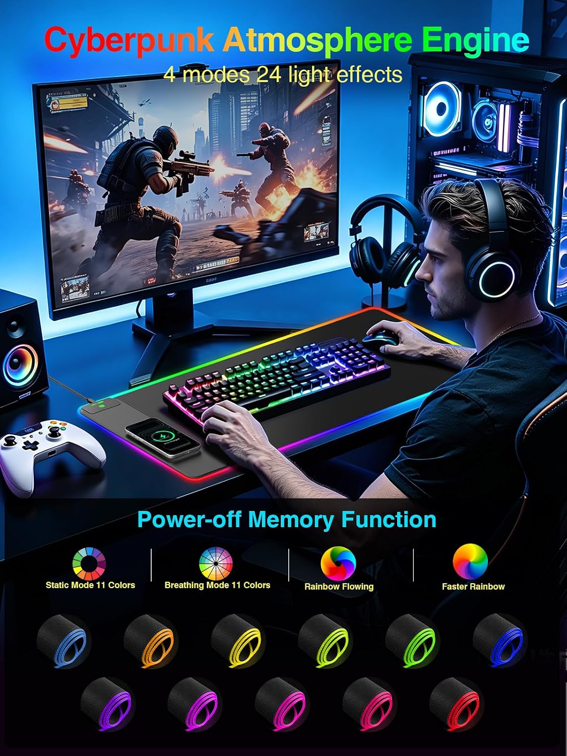 Elevate Your Gaming and Work Experience with the RGB Wireless Charging Mouse Pad – 31.5" x 15.8" Extra-Large Desk Mat, Waterproof, Non-Slip Base, and Smooth Glide Surface