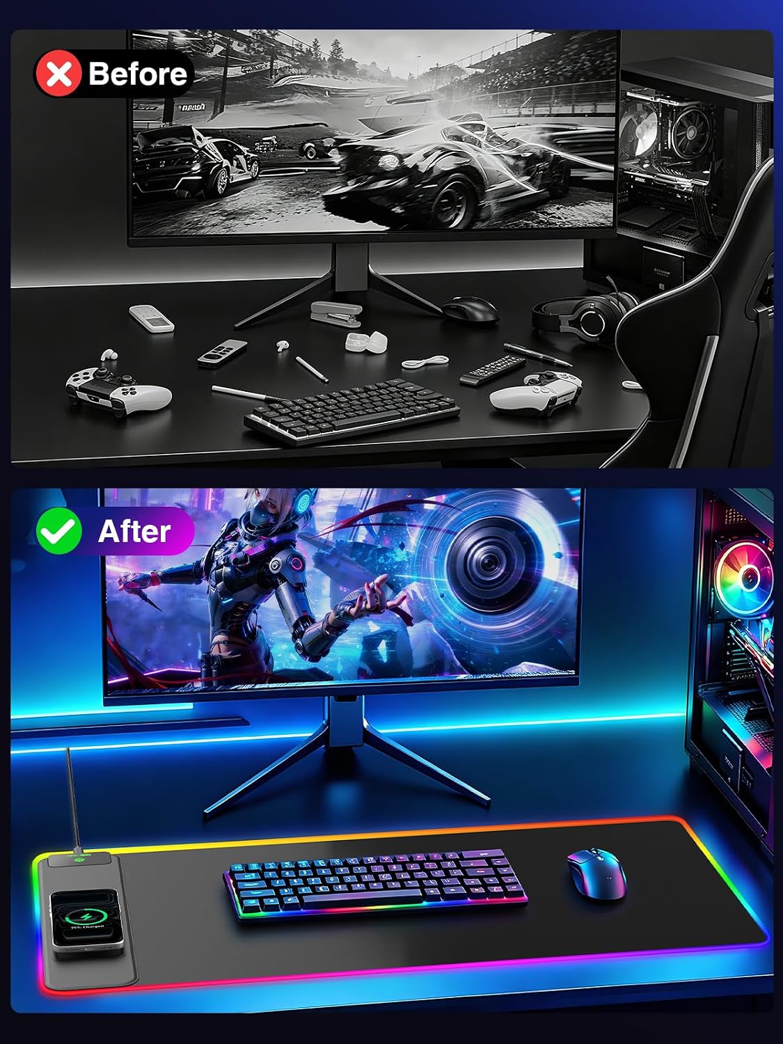 Elevate Your Gaming and Work Experience with the RGB Wireless Charging Mouse Pad – 31.5" x 15.8" Extra-Large Desk Mat, Waterproof, Non-Slip Base, and Smooth Glide Surface