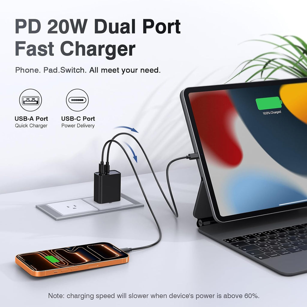 Power Up with the 20W Dual Port USB C Wall Charger - Fast Charging Adapter for iPhone 17/16/15/14/13/12 & More - 2 Pack in Sleek Black