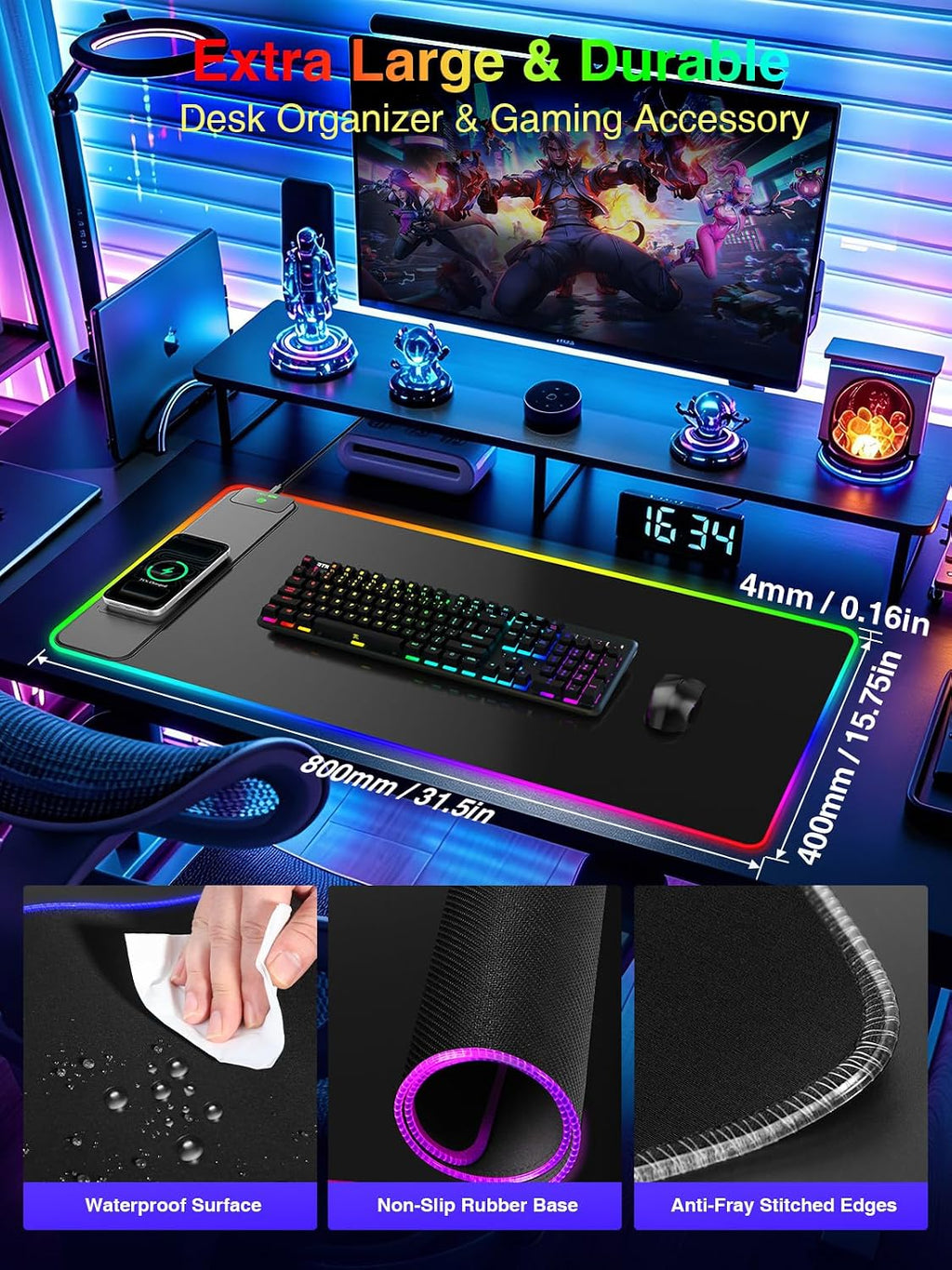 Elevate Your Gaming and Work Experience with the RGB Wireless Charging Mouse Pad – 31.5" x 15.8" Extra-Large Desk Mat, Waterproof, Non-Slip Base, and Smooth Glide Surface