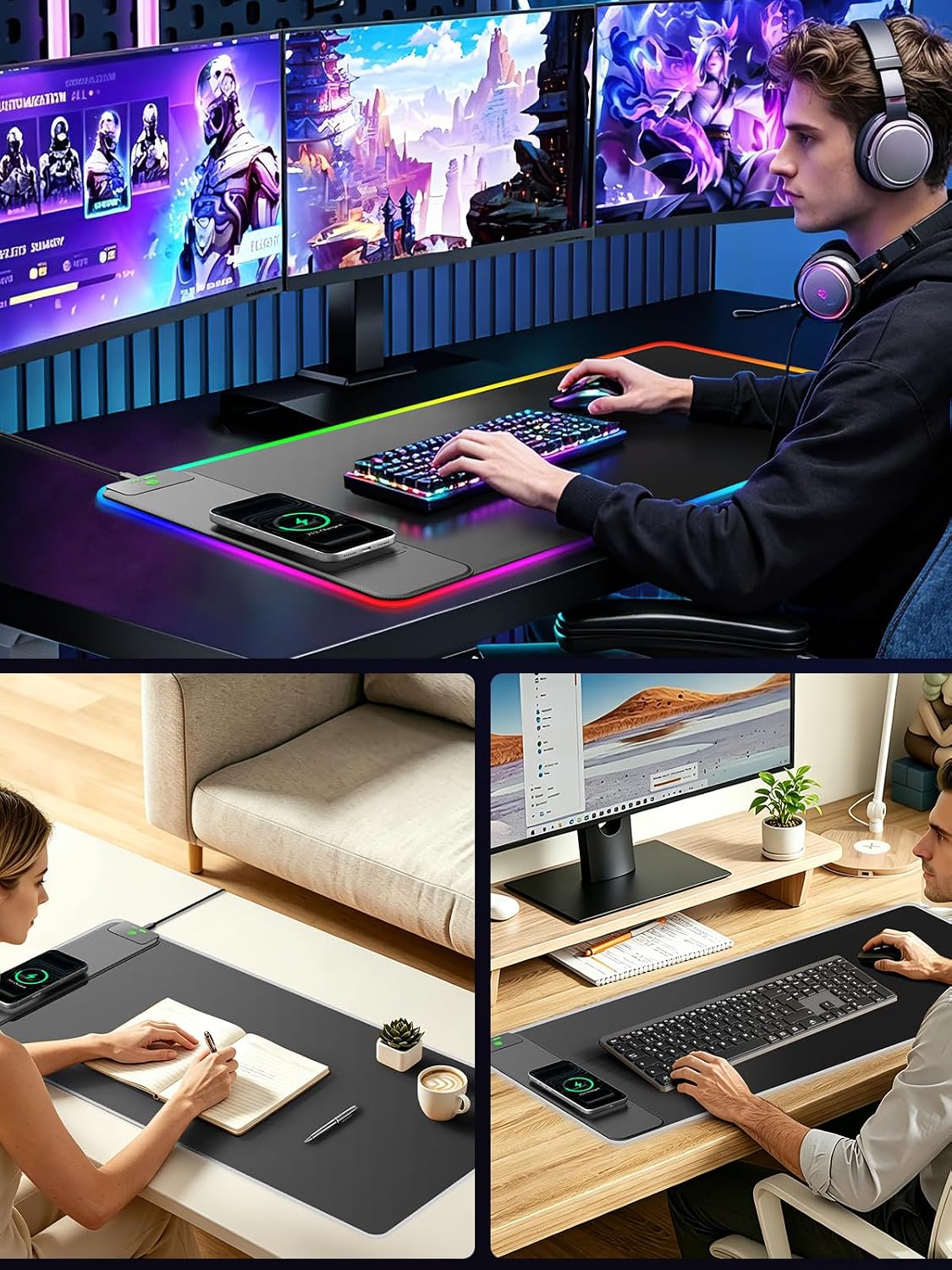 Elevate Your Gaming and Work Experience with the RGB Wireless Charging Mouse Pad – 31.5" x 15.8" Extra-Large Desk Mat, Waterproof, Non-Slip Base, and Smooth Glide Surface