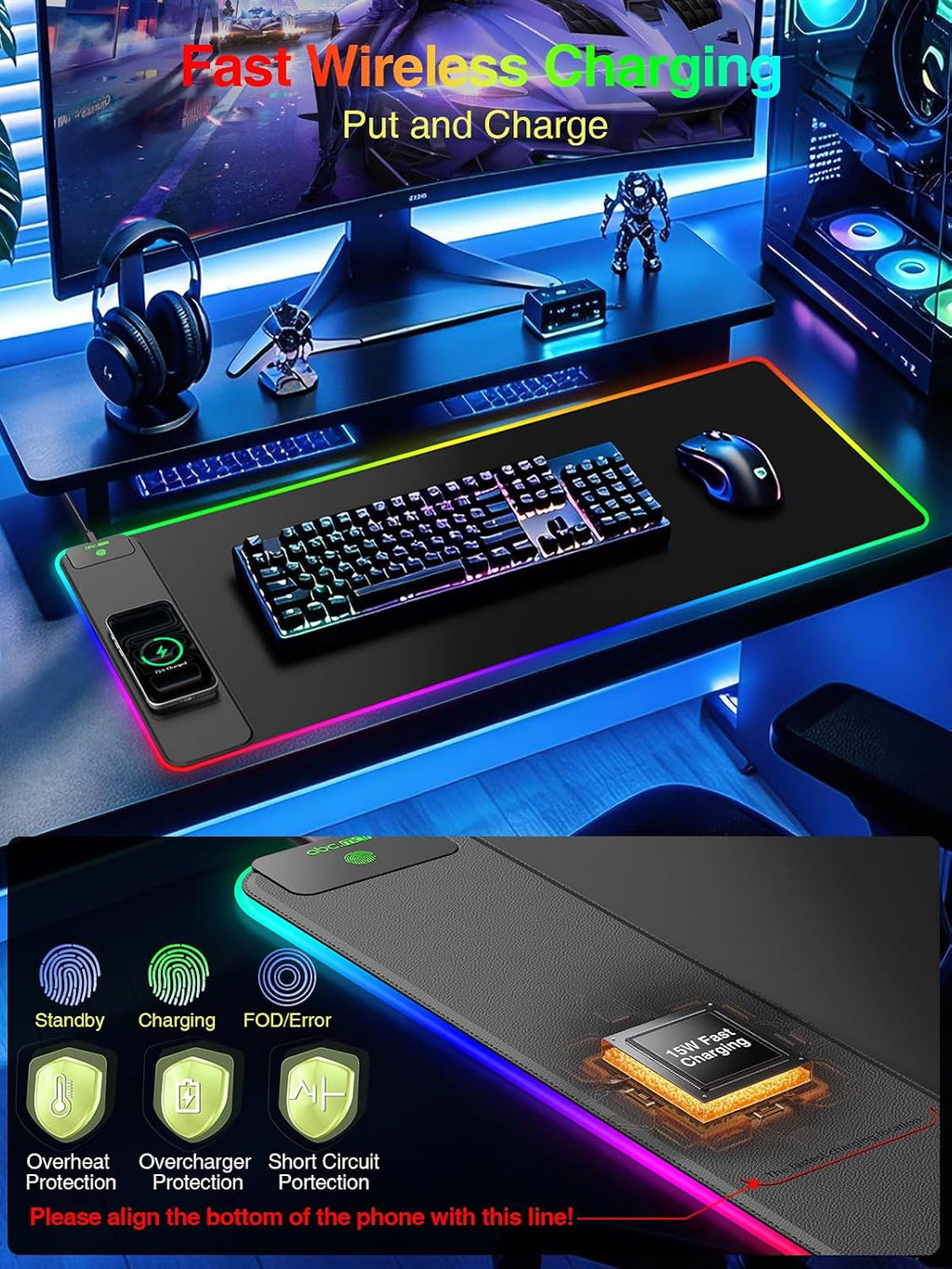 Elevate Your Gaming and Work Experience with the RGB Wireless Charging Mouse Pad – 31.5" x 15.8" Extra-Large Desk Mat, Waterproof, Non-Slip Base, and Smooth Glide Surface