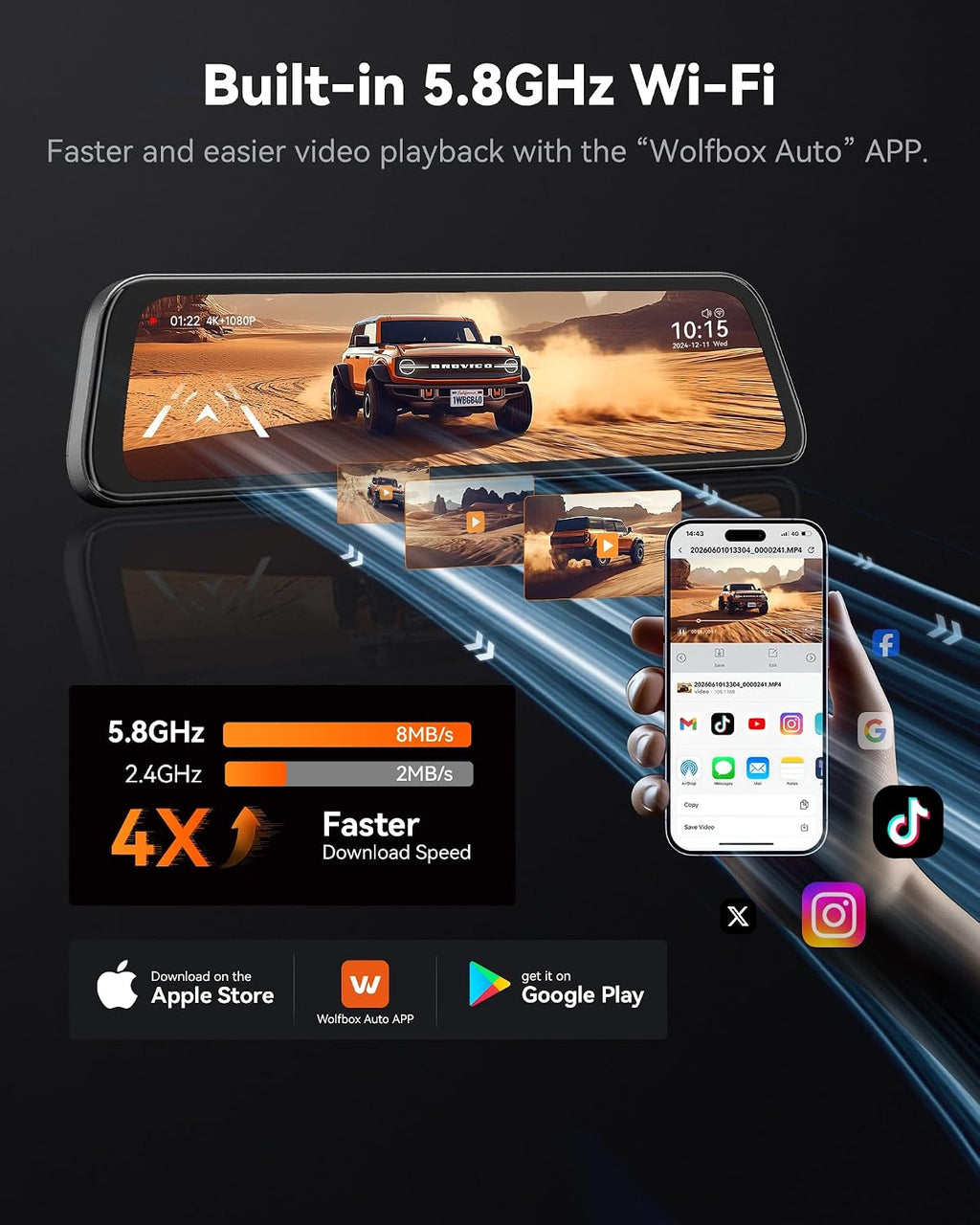 G840S 12" 4K Mirror Dash Cam Backup Camera, 5.8Ghz Wifi Smart Rearview Mirror for Cars & Trucks, Front and Rear View Dual Cameras, Night Vision, Parking Assistance, Included 32GB Card & GPS