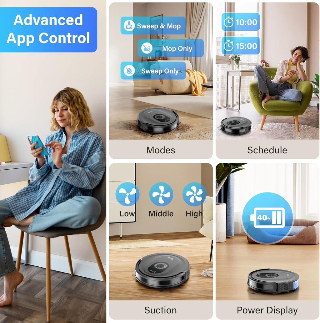 Robot Vacuum and Mop Combo, 5000Pa Robotic Vacuum Cleaner, 150 Min Max, App & Remote Control, Ideal for Hard Floor, Carpet, Pet Hair, Self-Charge(G8000 Max)