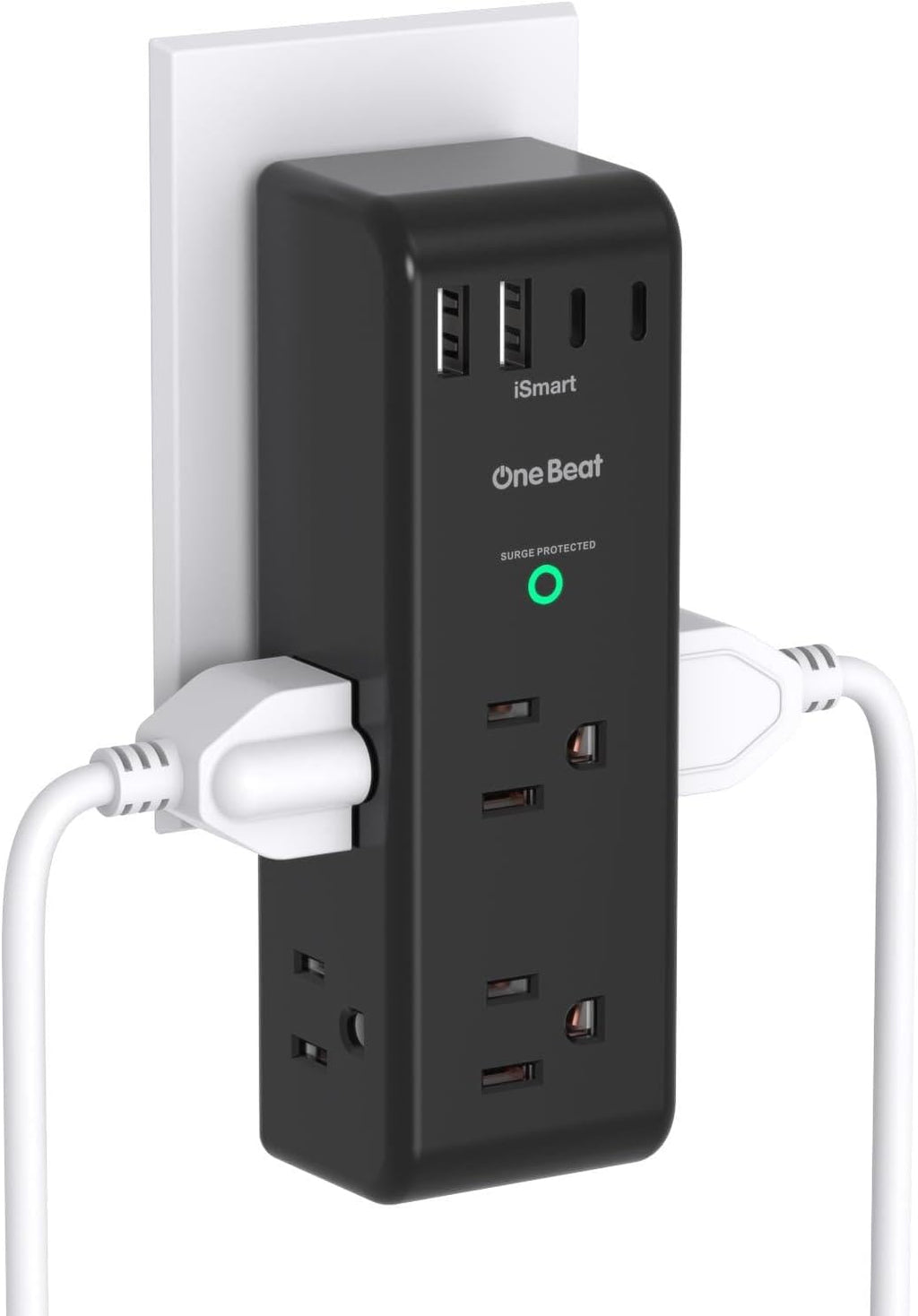 Surge Protector Outlet Extender with Rotating Plug, 6 AC Multi Plug Outlet with 4 USB Ports (2 USB C), 1800 Joules, 3-Sided Swivel Power Adapter with Spaced Outlet Splitter for Dorm, Office, Black