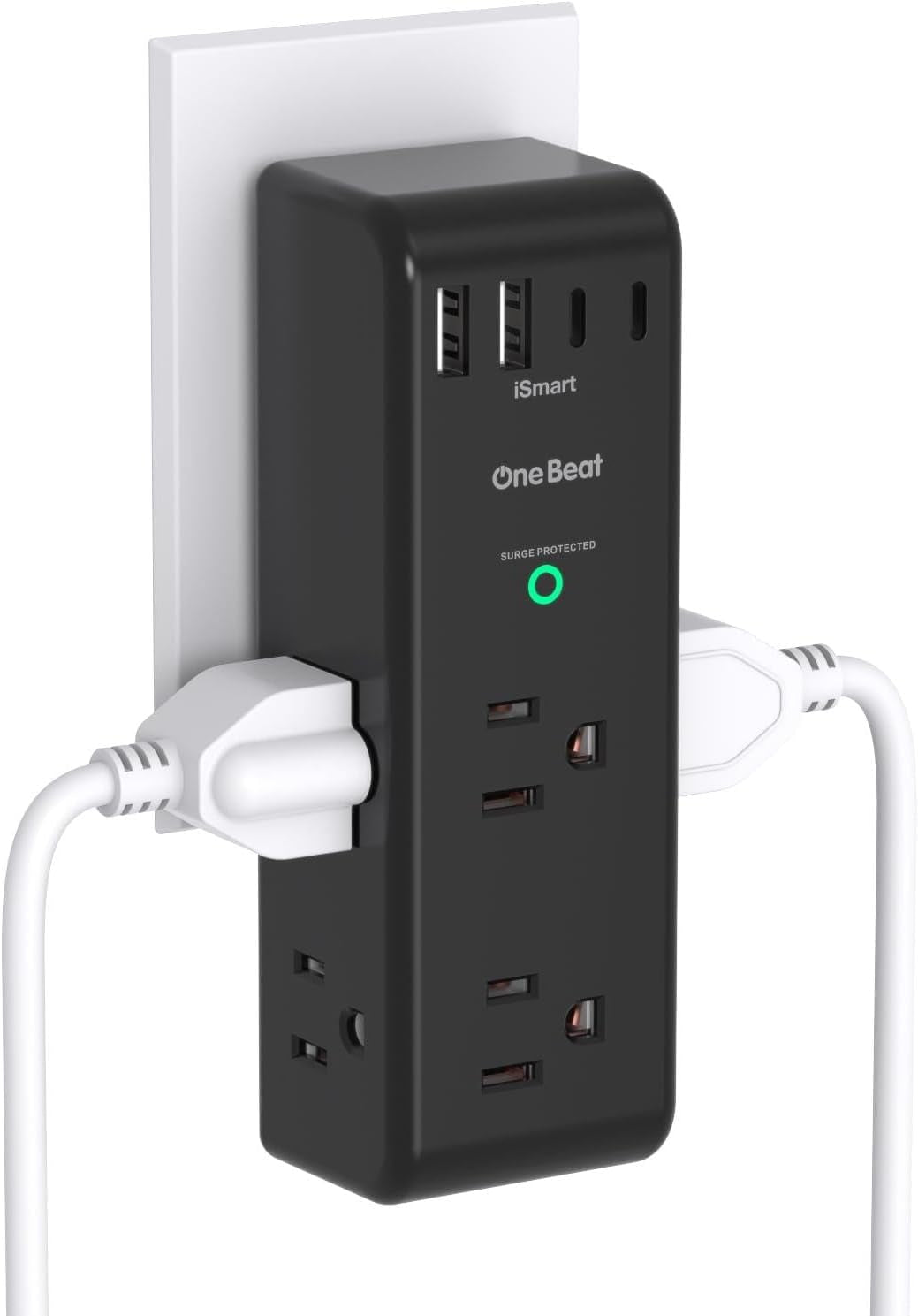 Surge Protector Outlet Extender with Rotating Plug, 6 AC Multi Plug Outlet with 4 USB Ports (2 USB C), 1800 Joules, 3-Sided Swivel Power Adapter with Spaced Outlet Splitter for Dorm, Office, Black